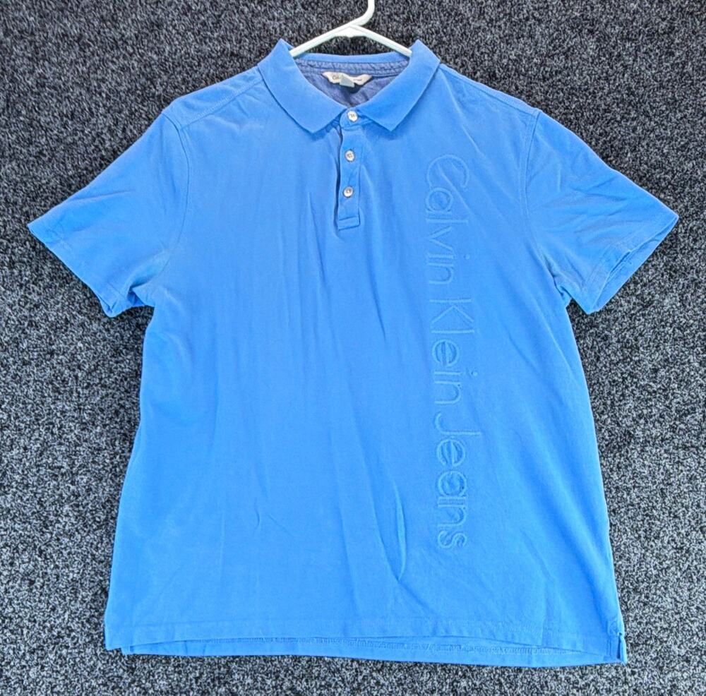 Calvin Klein Jeans Polo Shirt Men's L Blue Short Sleeve Collared Solid Logo